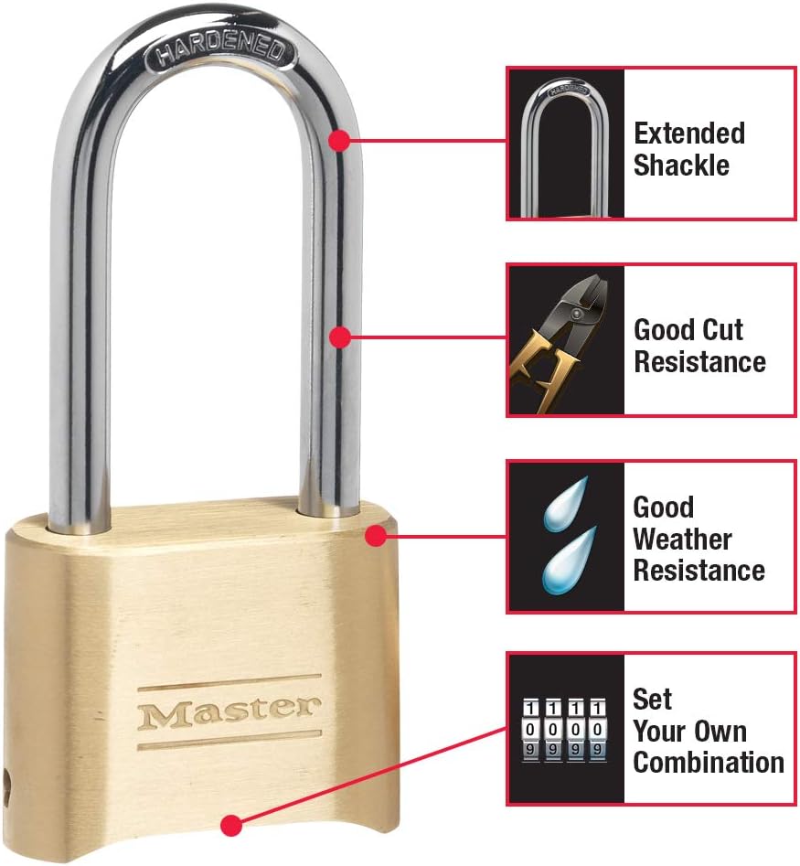 Master Lock Brass Combination Lock,Gate-Lock for Outdoor Fence or Shed,Customizable Combination Padlock with Extended 2-1/4-Inch-Long Shackle,175LHEC2,(Pack of 20)