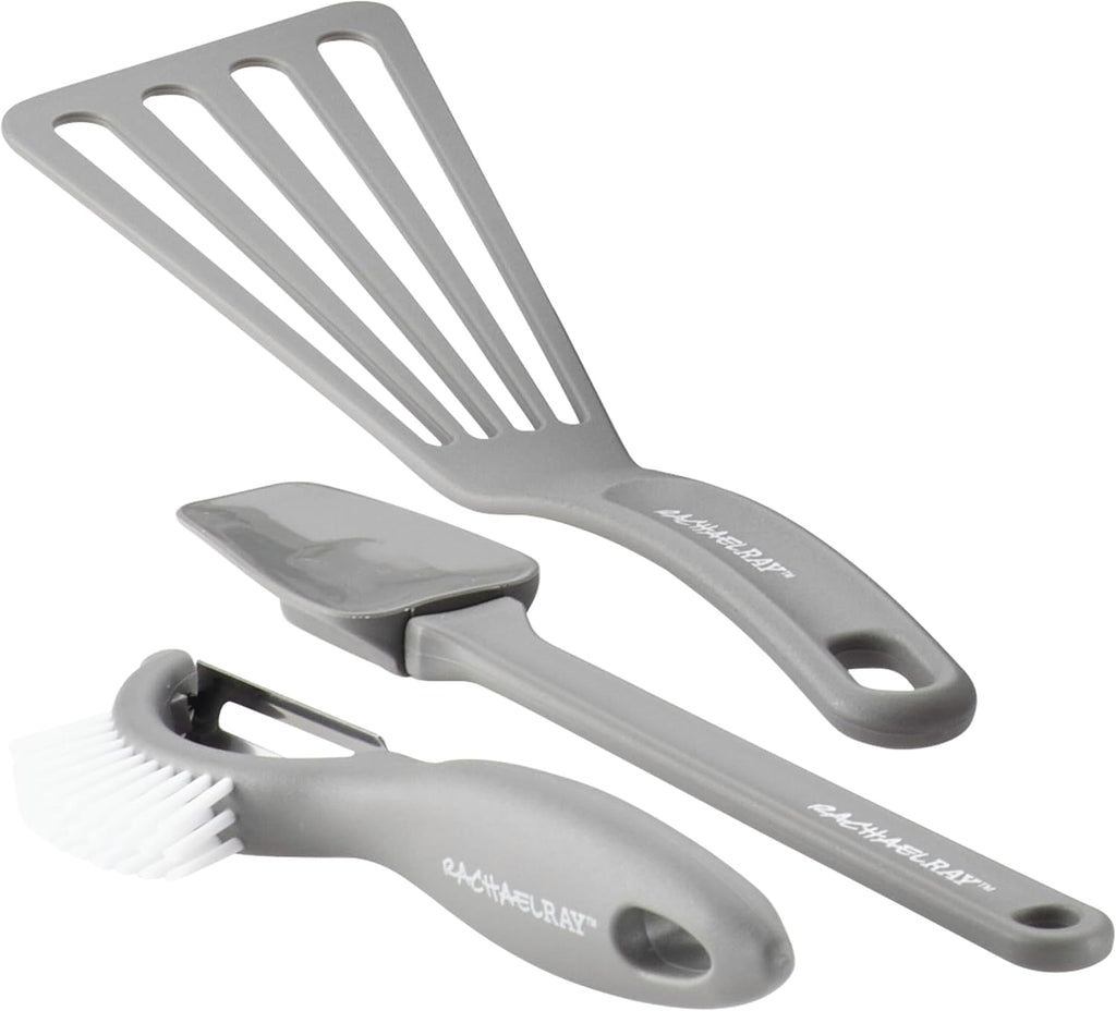 Rachael Ray Cookware Classic Brights Hard Enamel Aluminum Nonstick Cookware Set, 14-Piece, Sea Salt Gray