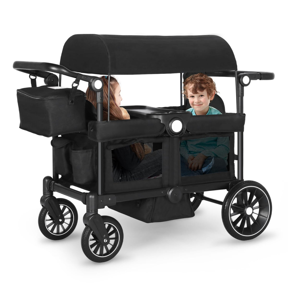 Kinder King Folding Wagon Stroller for 2 Kids, All-Terrain 2 Seater Stroller Wagon Outdoor, Removable Canopy, Adjustable Handle, Shock-Absorbing Wheel, Detachable Tray, Parent Organizer, Black