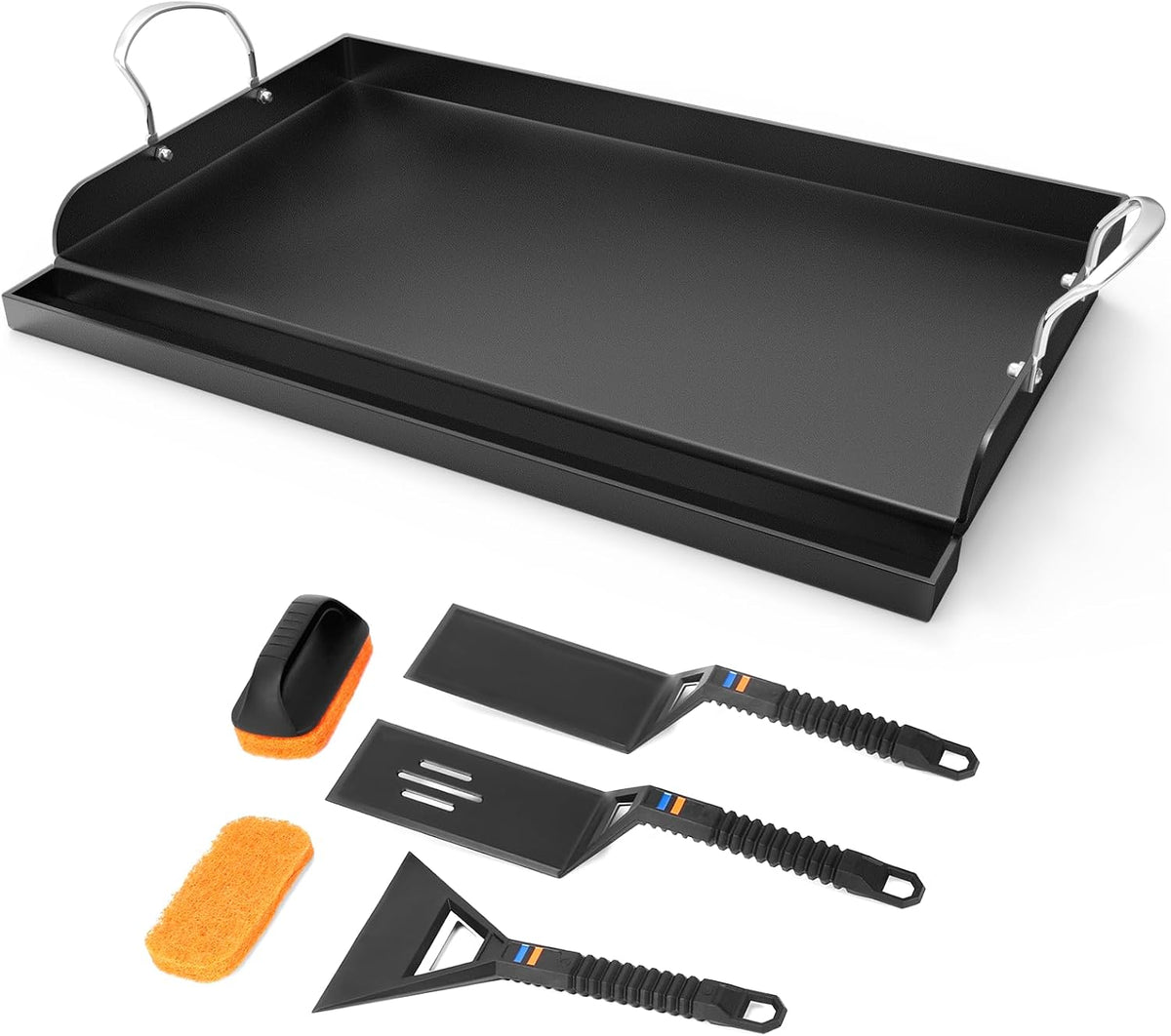 25' x 16' Cast Iron Griddle for Gas Grill with Silicone Griddle Tool Kit, Pre-Seasoned Grill Griddle for Gas/Charcoal Grills, Flat Top Grill Accessories Set with Spatulas, Scraper Cleaning Brush