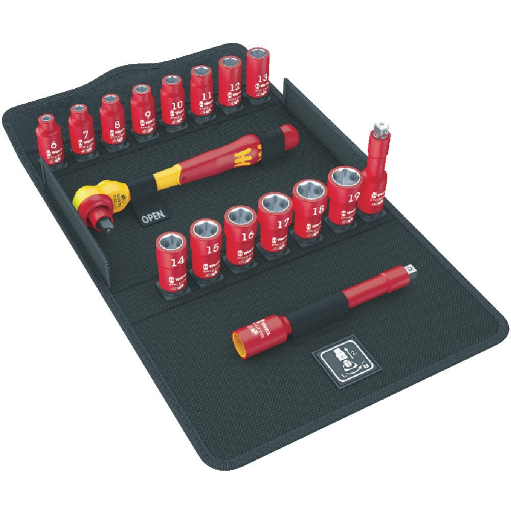 Wera 05004970001 8100 SB VDE 1 Zyklop Ratchet set, insulated, switch lever, 3/8' drive, metric, 17 pieces