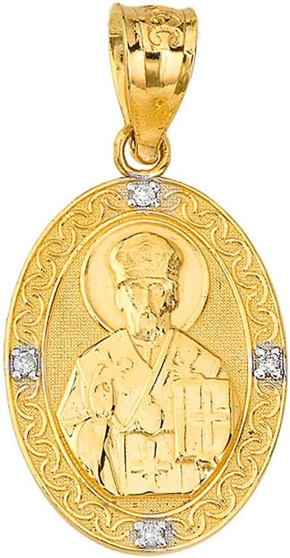 Certified 14k Gold Catholic Patron Saint St. Nicholas Oval Religious Medal Diamond Pendant Necklace
