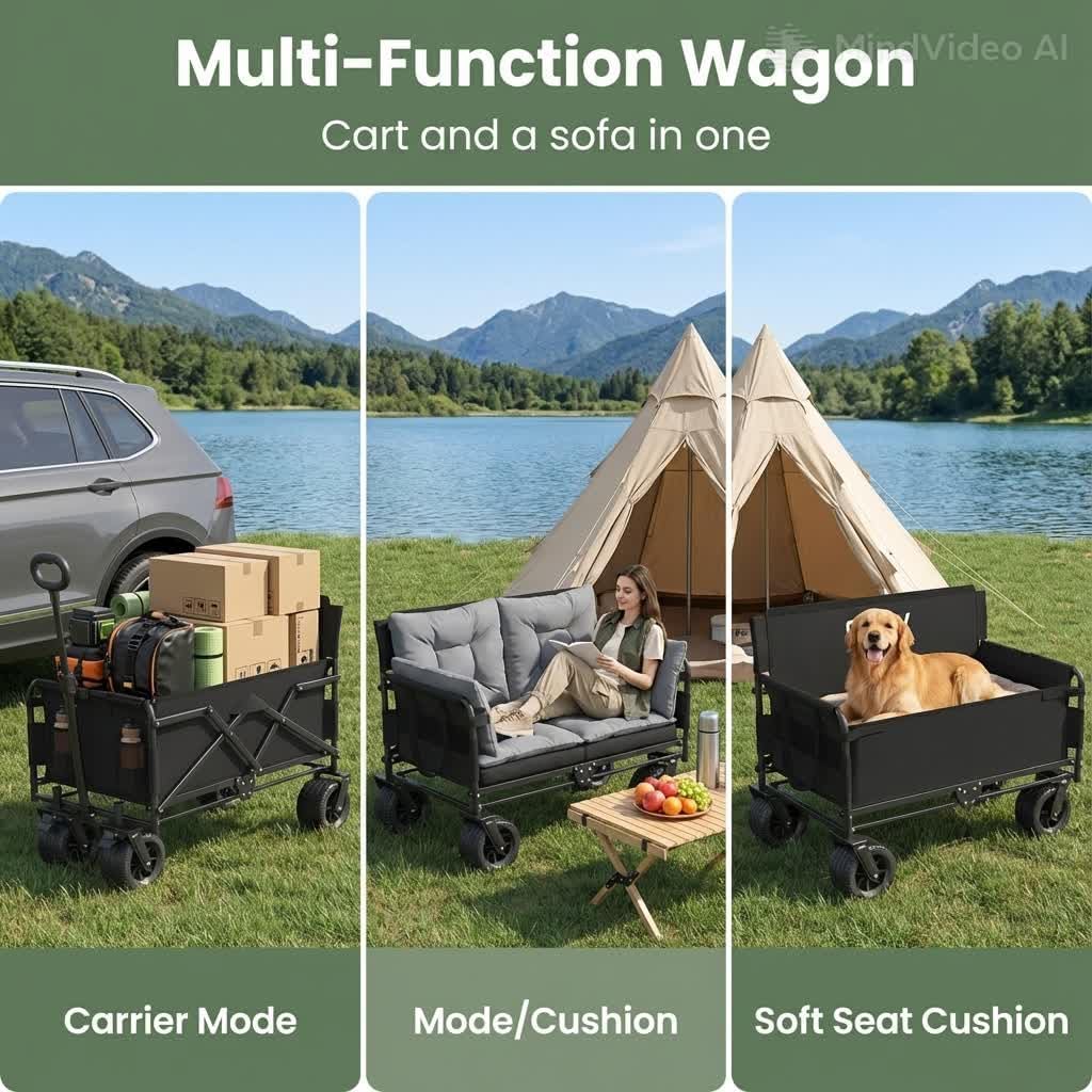 GVDV 550lbs Heavy Duty Collapsible Wagon with Seats, 3-in-1 Folding Wagon with Bench Seat, All-Terrain Beach Cart with Big Wheels & Brakes for Sports, Camping, Fishing, Groceries
