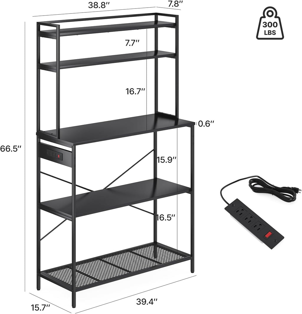 Large Bakers Rack with Power Outlet, 5-Tier Microwave Stand with Storage, Multifunctional Coffee Bar Organizer, Modern Minimalist Kitchen Storage Shelf for Home, Dining Room, Garage, Black