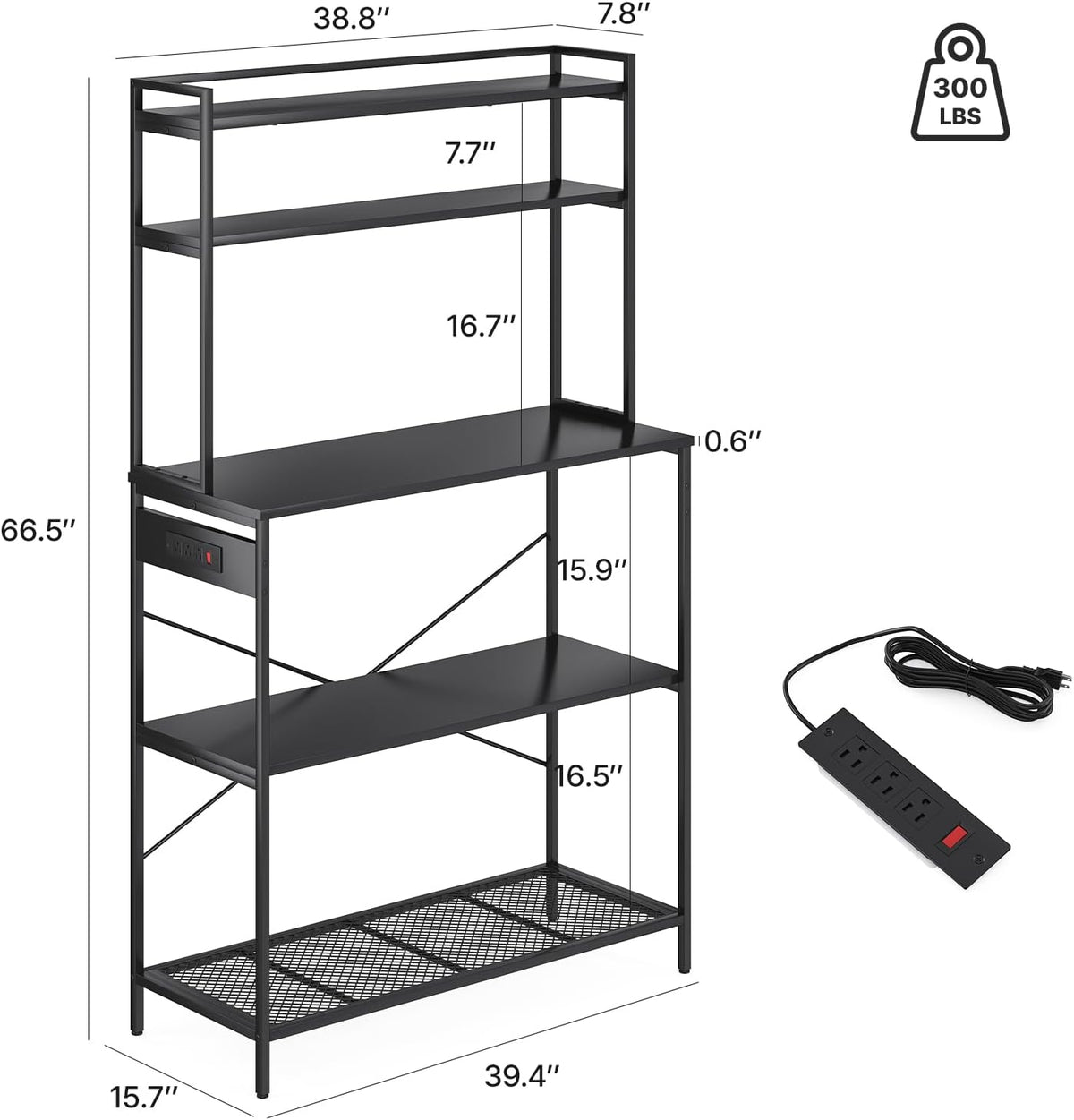 Large Bakers Rack with Power Outlet, 5-Tier Microwave Stand with Storage, Multifunctional Coffee Bar Organizer, Modern Minimalist Kitchen Storage Shelf for Home, Dining Room, Garage, Black