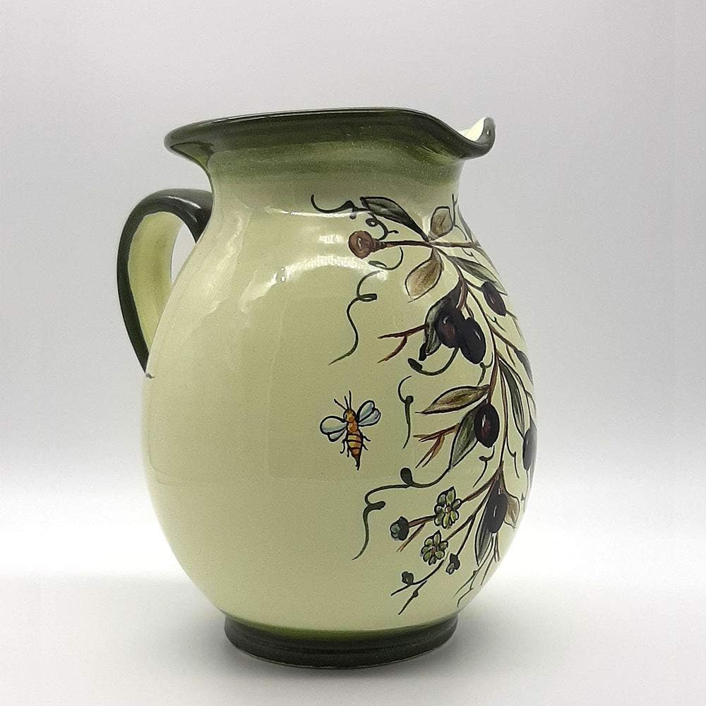 Italian Ceramic Pitcher Olive Design - 33 oz Hand Painted Utensil Holder Or Carafe Design for Kitchen - Made in ITALY Tuscany - Italian Pottery Vase Jar for Wine - Home Decor Ceramics Dispenser