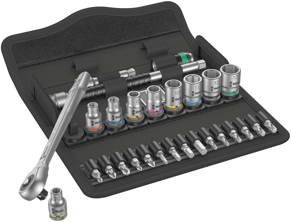 Wera 05004017001 8100 SA 7 Zyklop Metric Metal Ratchet Set with Push-Through Square, 28 Piece, 1/4' Drive