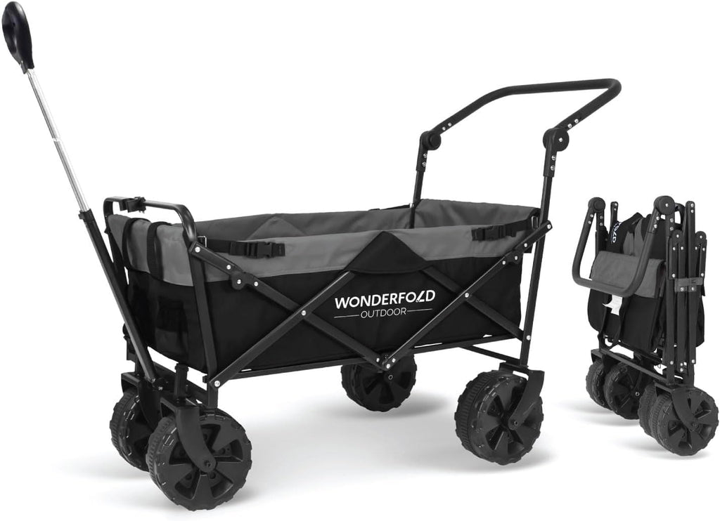 WONDERFOLD S2 Push & Pull Folding Utility Cart with Wide Beach Tires, Adjustable Push Handle, Telescopic Pull Handle with Spring Bounce Technology & Storage Pouch, Black/Gray