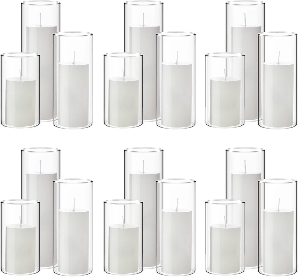 Shihanee 36 Pcs Pillar Candles and Glass Cylinder Vases Tall Cylinder Holders for Pillar Candles Wedding Centerpieces, Total 18 Sets(2.6'' X 4.7'', 5.9'', 7.9'',Clear,White)