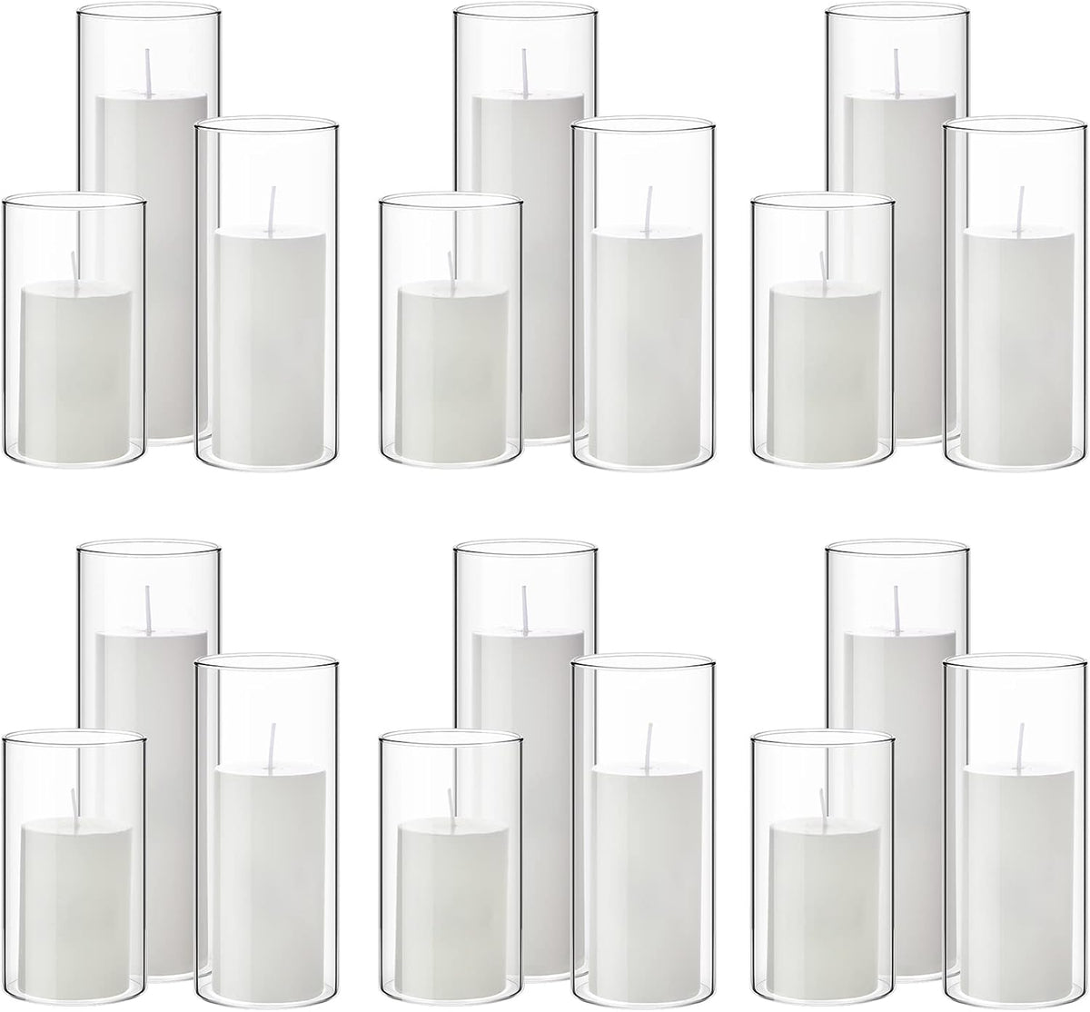 Shihanee 36 Pcs Pillar Candles and Glass Cylinder Vases Tall Cylinder Holders for Pillar Candles Wedding Centerpieces, Total 18 Sets(2.6'' X 4.7'', 5.9'', 7.9'',Clear,White)