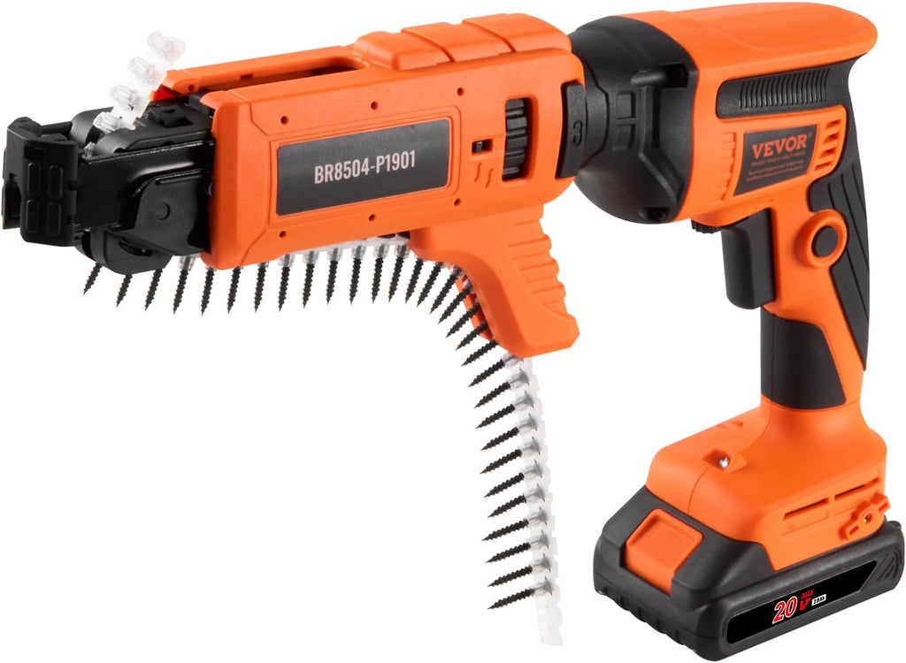 VEVOR Drywall Screw Gun Auto-Feed, 20V Max Collated Drywall Screwgun, 4200RPM Brushless Cordless Drywall Gun Kit with 2 Battery Packs, Belt Clip, Charger, Tool Bag, Screw Length and Depth Adjustable