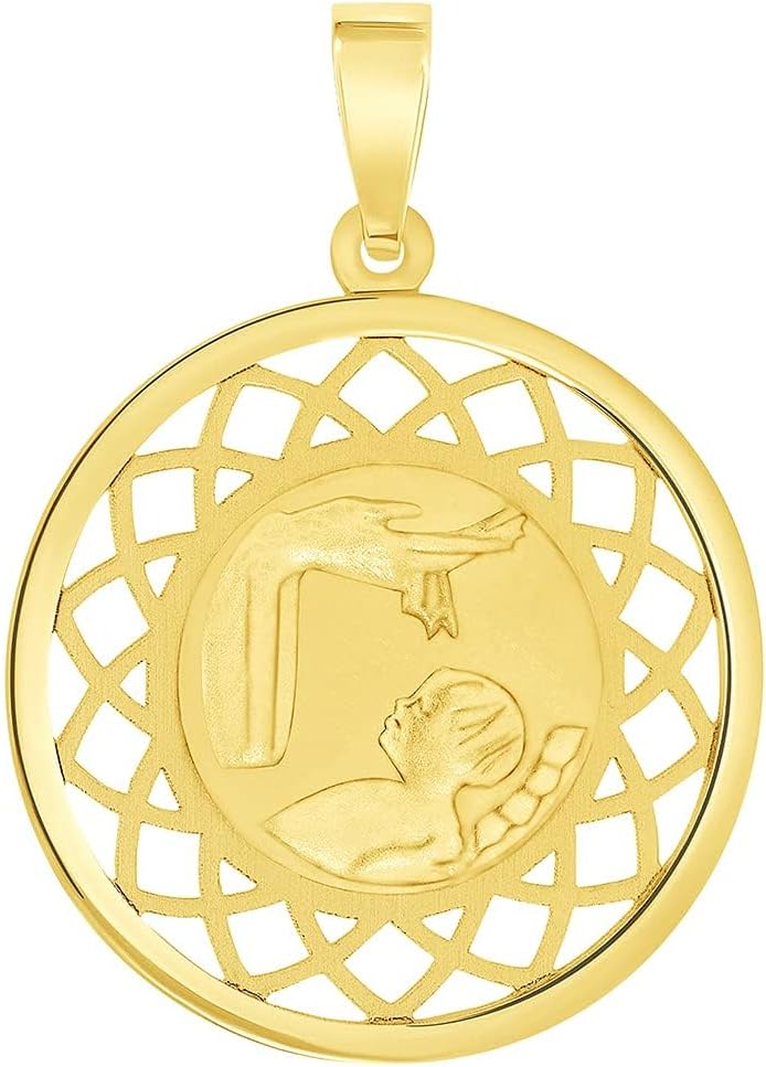 Jewelry America 14k Yellow Gold Religious Baptism Christening On Round Open Ornate Medal Pendant with Cuban Chain Curb Necklace