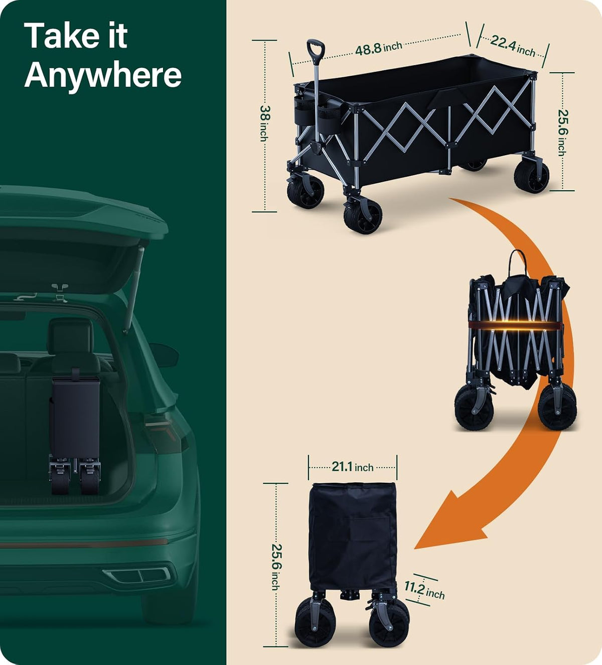 440Lbs Collapsible Wagon Cart,Beach Wagon with Big Wheels,Utility Wagons with Weight Capacity,Heavy Duty with Excellent Steering,Ideal for Camping,Gargen,Transport,Outdoor Sports