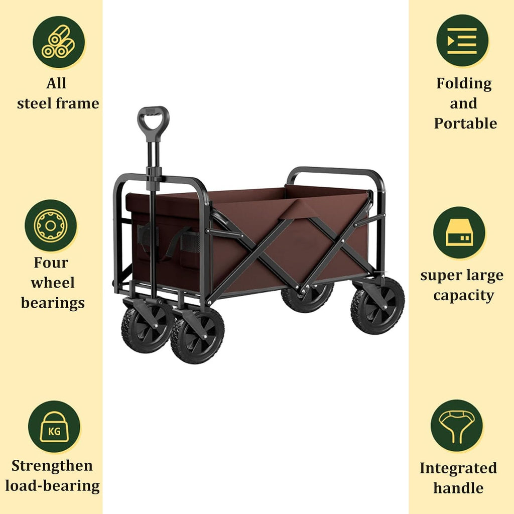 Black Garden Carts,Brown Collapsible Wagon,Beige Coffee Color Sports Outdoor Utility Wagon Folding Bearing 100Kg Garden Wagon Sports Heavy Duty Steel Frame Foldable Yard Car