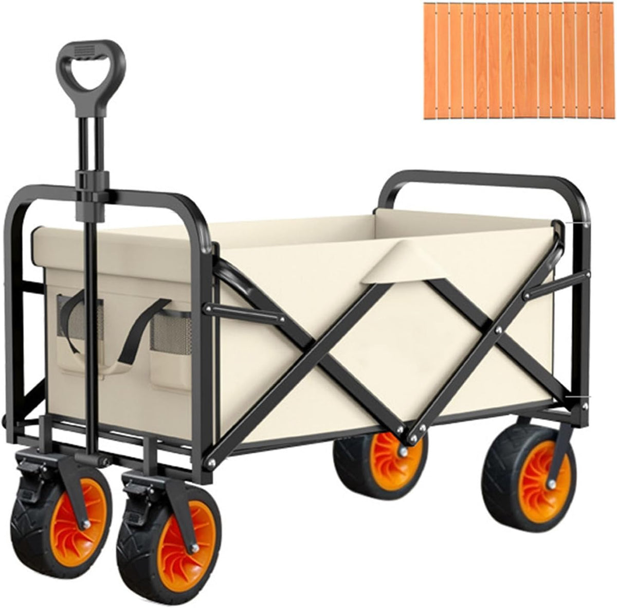 Beige Garden Carts,Collapsible Wagon,Sports Outdoor Utility Wagon Garden Wagon Sports Heavy Duty Steel Frame Foldable Yard Car Camping Cart with Double Brake and Folding Panels