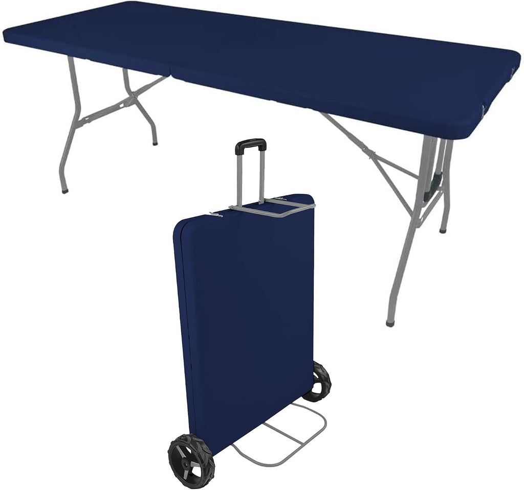 Creative Outdoor Folding Table and Chairs, 6 Ft, Built-in Wheels, Portable Durable Plastic (Blue & Gray)