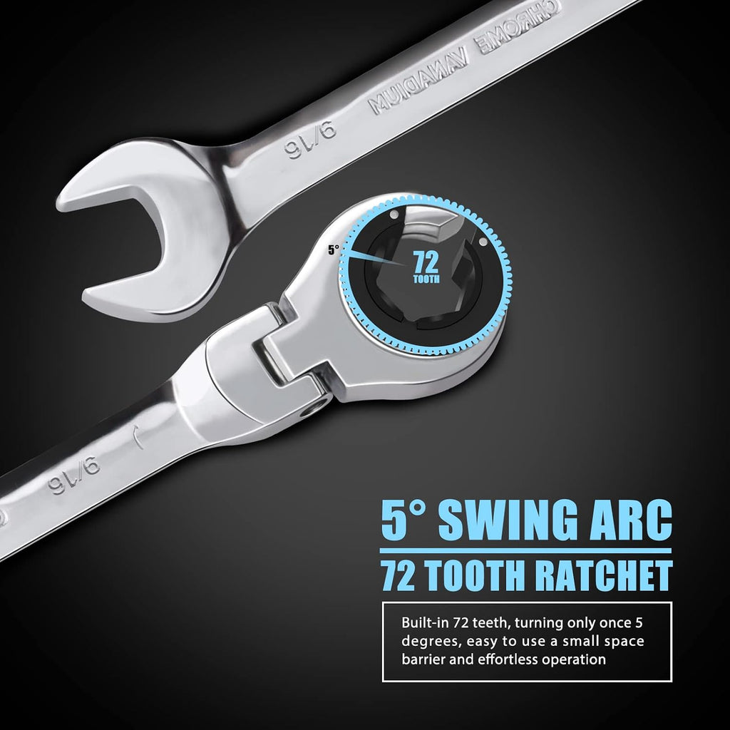 LOSCHEN SAE Flex-Head Ratcheting Wrench Combination Wrench Set 10 Pcs/Set with 72 Teeth, Chrome Vanadium Steel Tubing Ratchet Spanner（US and European Patents）
