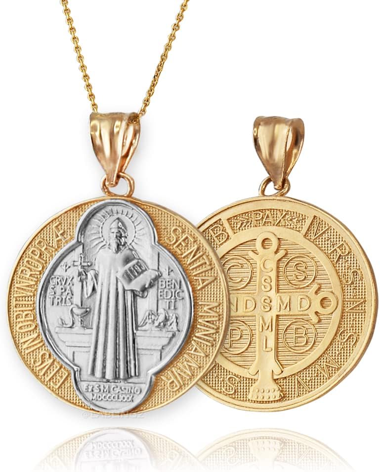 LA BLINGZ 14K Two-Tone Yellow Gold Saint Benedict Medal Reversible Pendant Necklace
