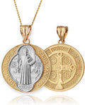 LA BLINGZ 14K Two-Tone Yellow Gold Saint Benedict Medal Reversible Pendant Necklace