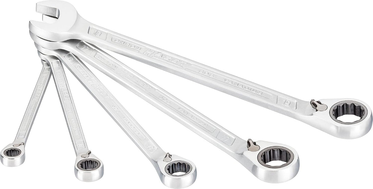 HAZET 606/5 Ring Ratchet Wrench Set, Set of 5, Reversible 0.3-0.7 inches (8-19 mm)