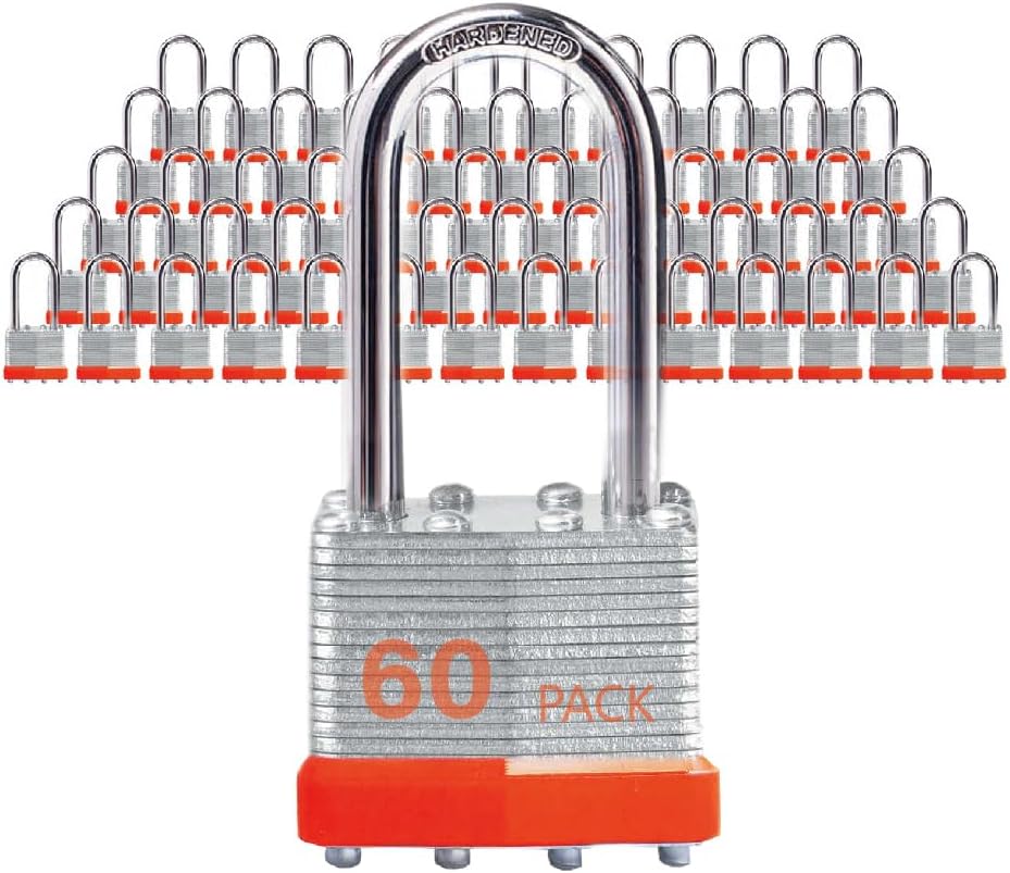 Lock Outdoor Padlocks, Key Lock, Padlocks with Same Key - Laminated Steel Keyed Padlocks with Long Shackle, 60 Pack, for Hasp Latch, Sheds, Fences, Storage Locker, School, Gym