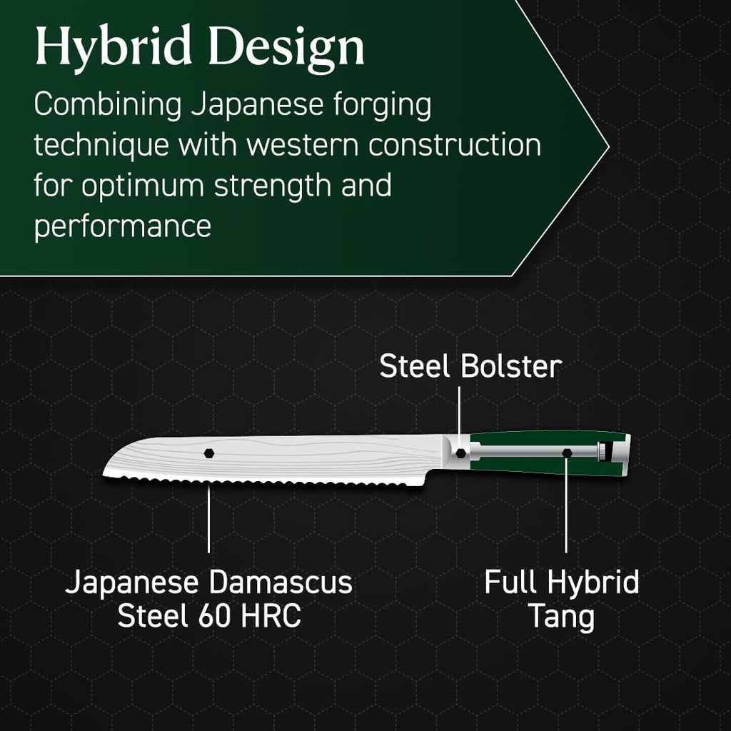HexClad 8 Inch Japanese Damascus Stainless Steel Bread Knife, Full Tang Construction, Pakkawood Handle