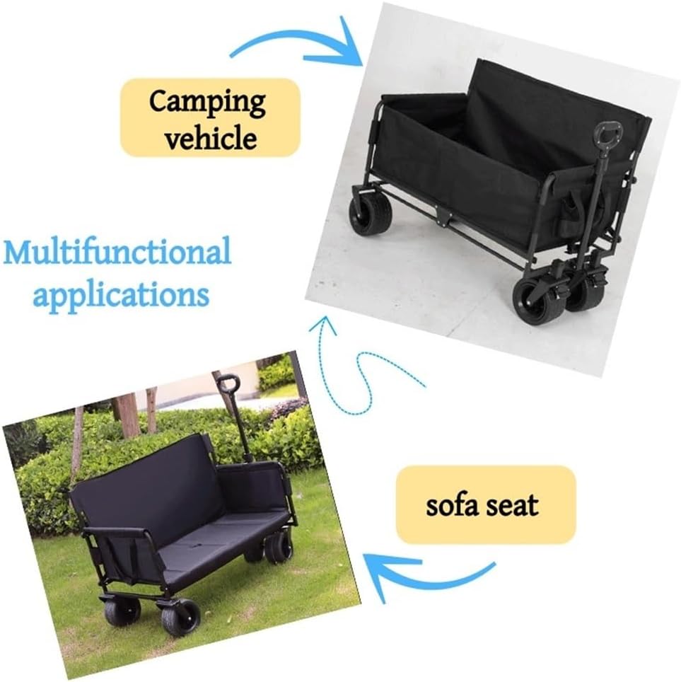2 in 1 Rolling Wagon with Seats, Foldable Wagon with Wheels, Utility Grocery Cart for Camping, Beach, Sports, Garden(Black)