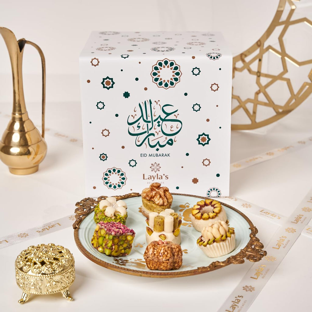 Layla's Delicacies Mediterranean Treats Gift Box for Eid Mubarak - Handmade Healthy Mixed Nutty Flavors Pastries - Halal, Vegetarian, Gluten Free - 46 Bite-Size Treats