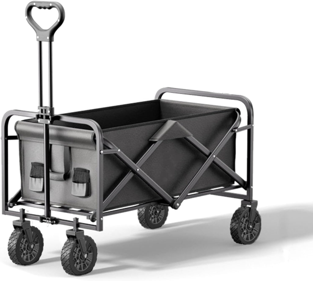 Black Garden Carts,Collapsible Wagon,Sports Outdoor Utility Wagon Garden Wagon Sports Steel Frame Foldable Yard Car Camping Cart BBQ with Double Bearing Rubber Wheel