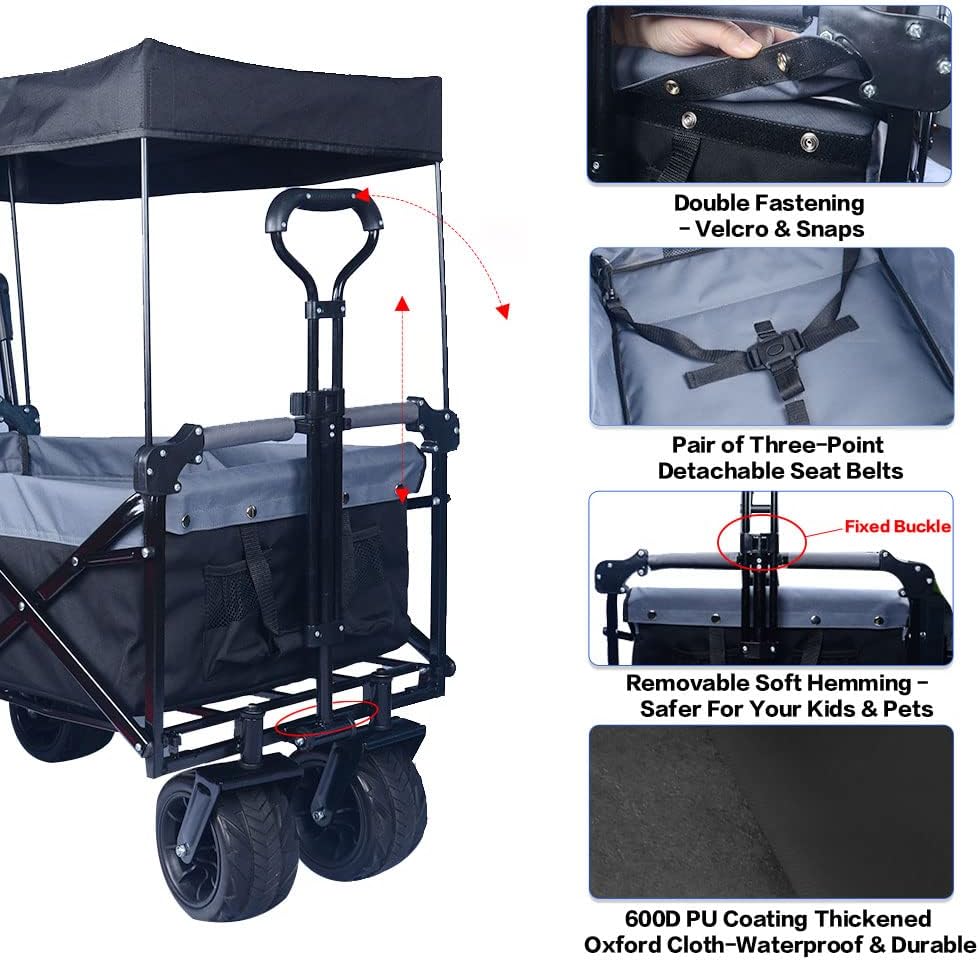 Collapsible Wagon Heavy Duty Folding Wagon Cart with Removable Canopy, 4' Wide Large All Terrain Wheels, Brake, Adjustable Handles,Cooler Bag Utility Carts for Outdoor Beach Cart Garden Wagons Carts