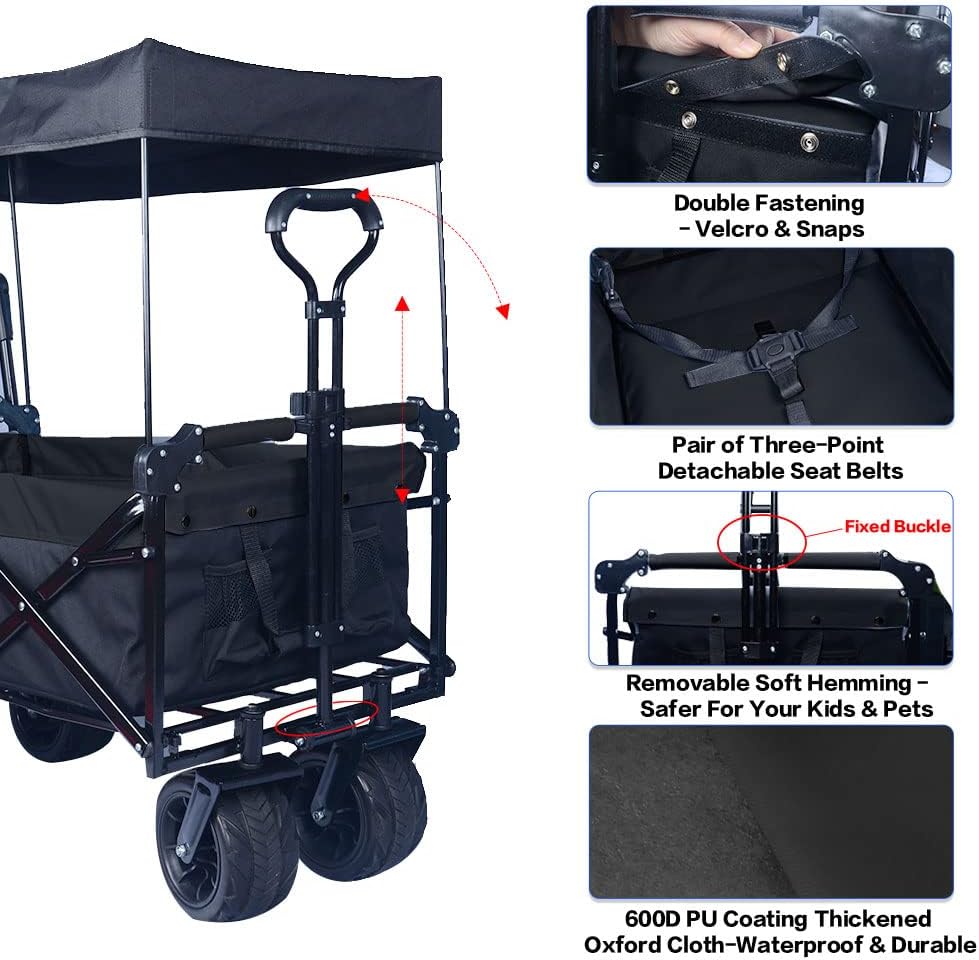 Collapsible Wagon Heavy Duty Folding Wagon Cart with Removable Canopy, 4' Wide Large All Terrain Wheels, Brake, Adjustable Handles,Cooler Bag Utility Carts for Outdoor Garden Beach