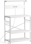SUPERJARE Bakers Rack with Power Outlets, Microwave Stand, 31.5 X 16.5 Inch Larger Desktop, Kitchen Storage Rack with Adjustable Middle Shelf, 6 S-Shaped Hooks, Coffee Bar Stand, White