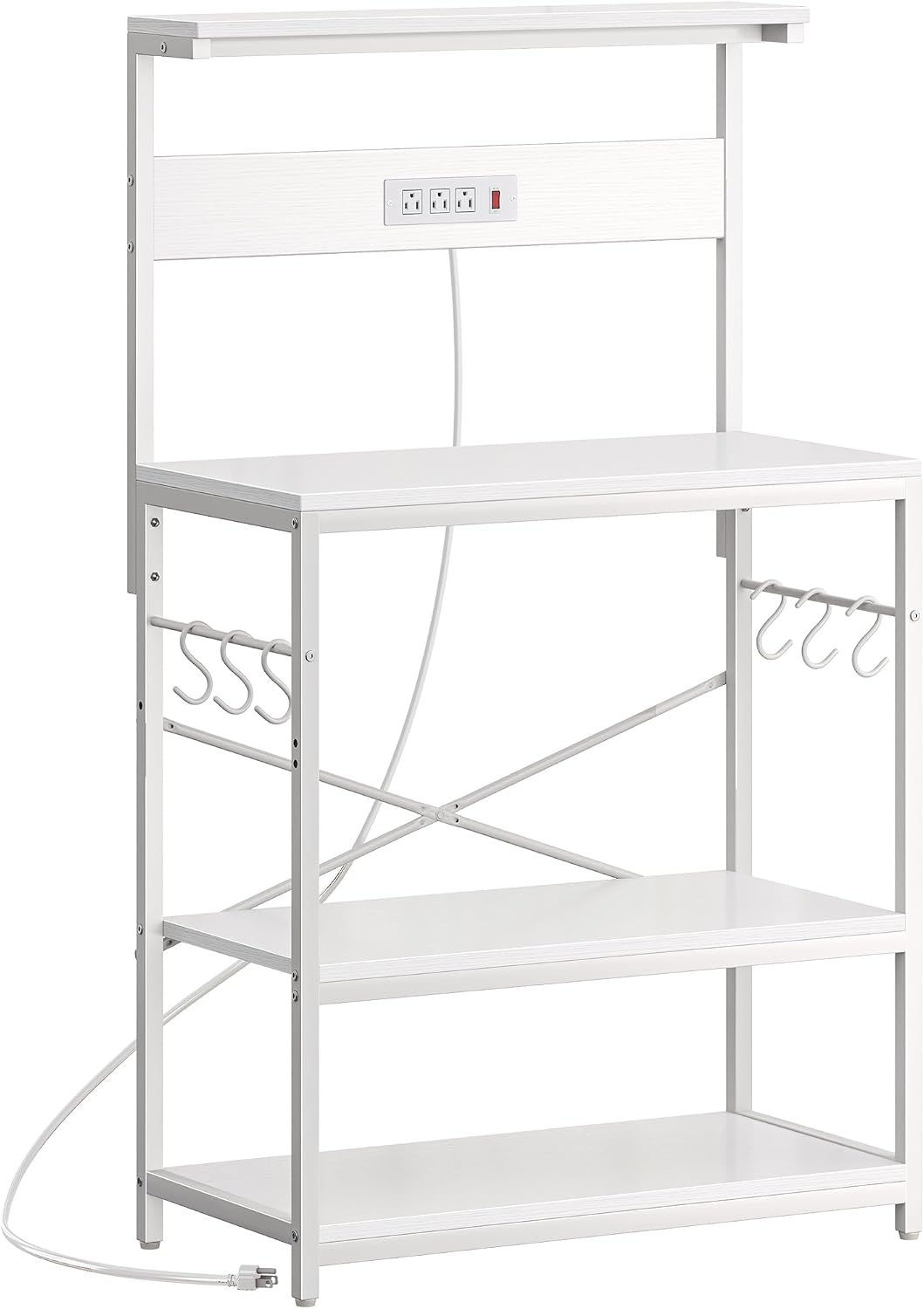 SUPERJARE Bakers Rack with Power Outlets, Microwave Stand, 31.5 X 16.5 Inch Larger Desktop, Kitchen Storage Rack with Adjustable Middle Shelf, 6 S-Shaped Hooks, Coffee Bar Stand, White