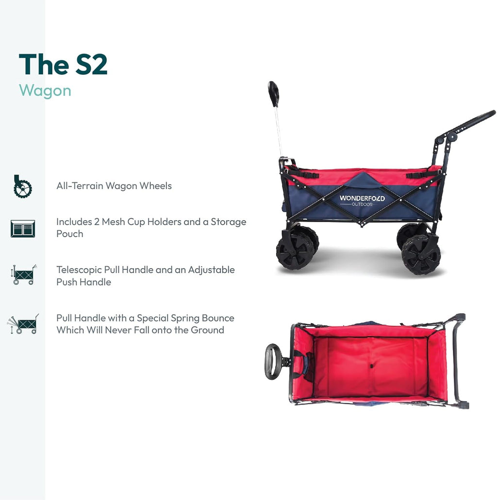 WONDERFOLD S2 Push & Pull Folding Utility Cart with Wide Beach Tires, Adjustable Push Handle, Telescopic Pull Handle with Spring Bounce Technology & Storage Pouch, Navy/Red