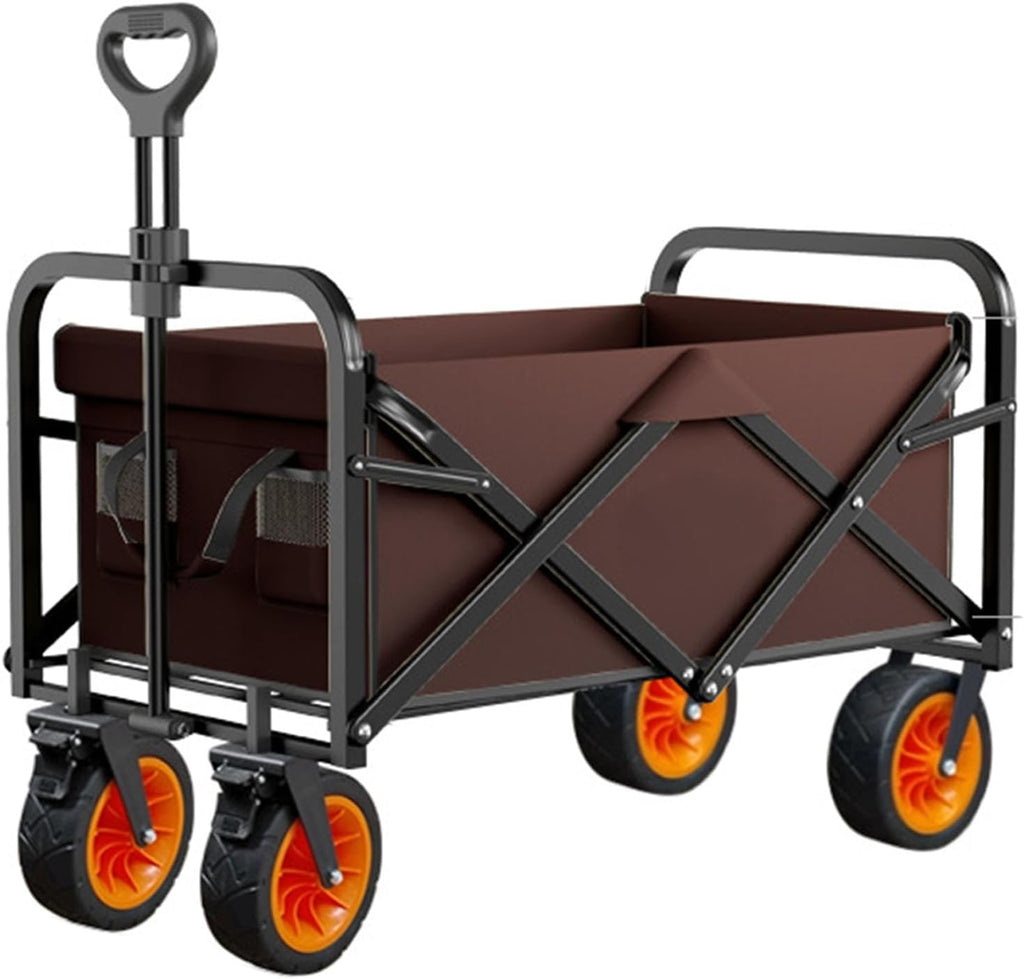 Brown Garden Carts,Collapsible Wagon,Sports Outdoor Utility Wagon Garden Wagon Sports Heavy Duty Steel Frame Foldable Yard Car Load-Bearing 150Kg Camping Cart with Brake
