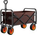 Brown Garden Carts,Collapsible Wagon,Sports Outdoor Utility Wagon Garden Wagon Sports Heavy Duty Steel Frame Foldable Yard Car Load-Bearing 150Kg Camping Cart with Brake