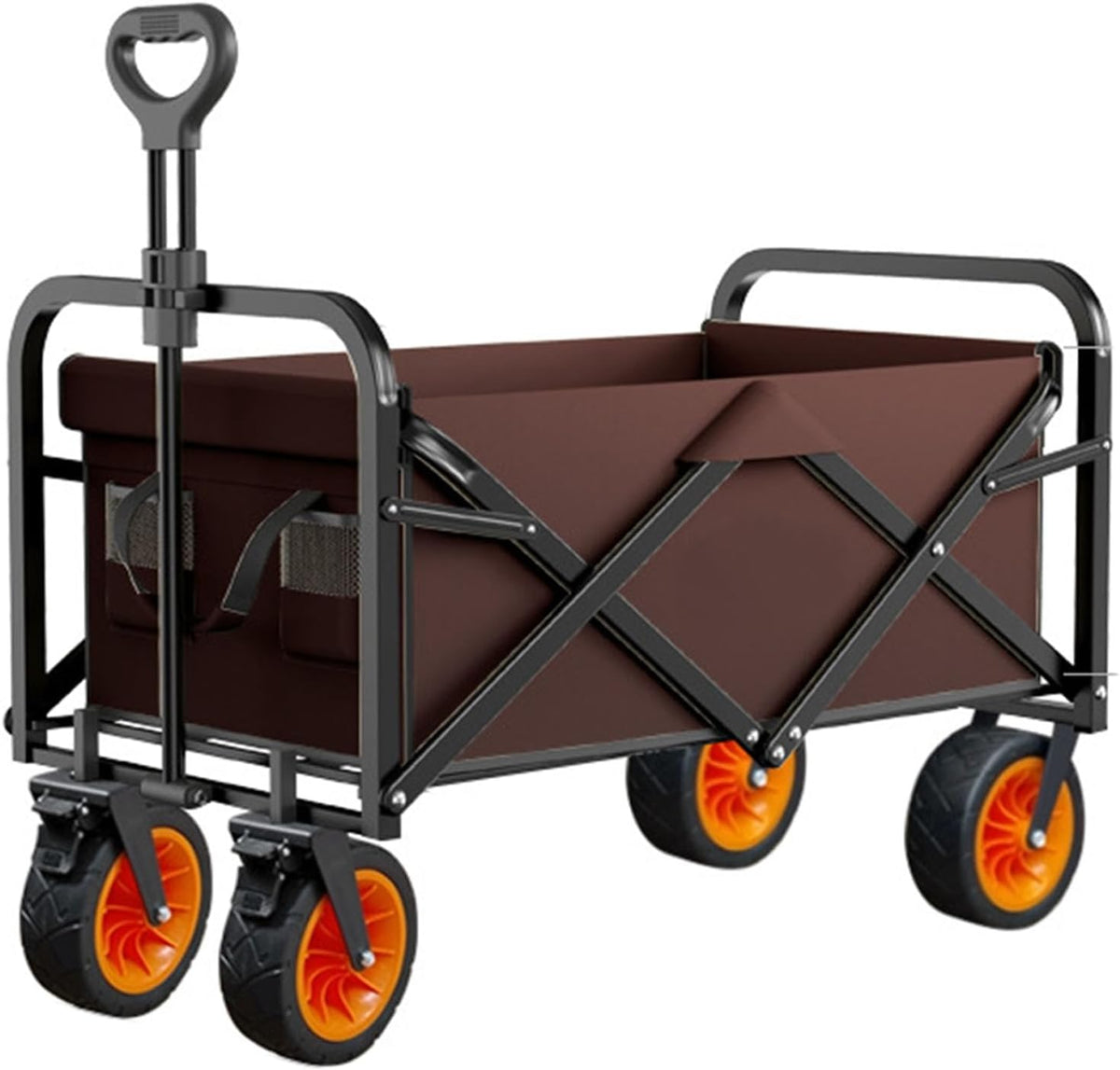 Brown Garden Carts,Collapsible Wagon,Sports Outdoor Utility Wagon Garden Wagon Sports Heavy Duty Steel Frame Foldable Yard Car Load-Bearing 150Kg Camping Cart with Brake