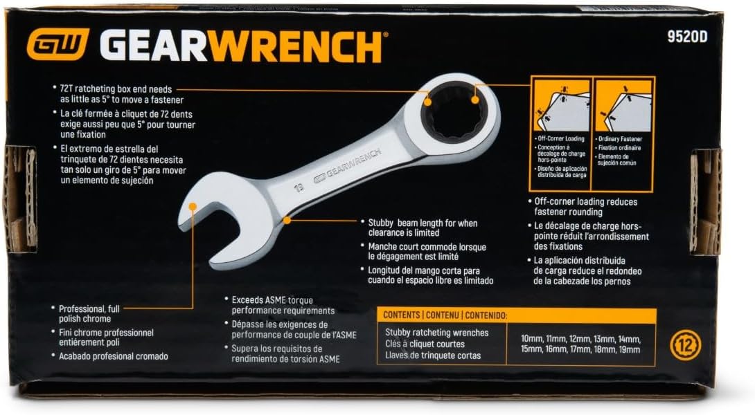 GEARWRENCH 10 Piece 12 Point Stubby Ratcheting Combination Wrench Metric Set | 9520D