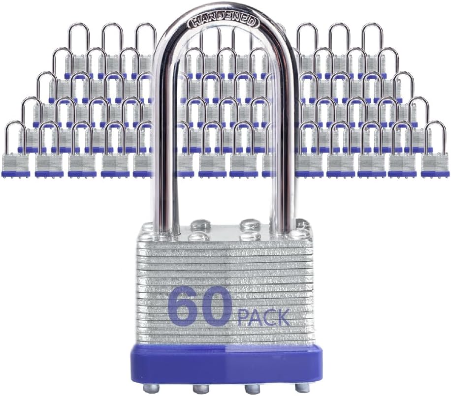 Laminated Steel Padlocks, Keyed Alike - 60 Pack, 1-9/16' Shackle, Brass Cylinder, Metallic, For Hasp Latch, Sheds, Fences, Storage Locker, School, Gym