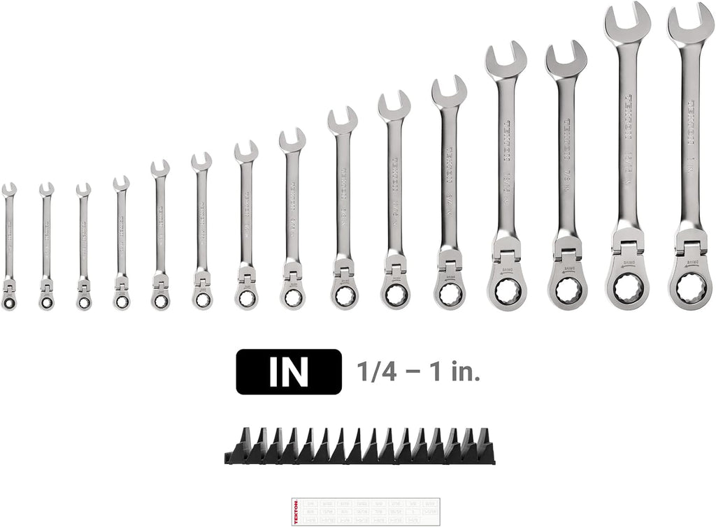 TEKTON Flex Head 12-Point Ratcheting Combination Wrench Set with Modular Organizers, 15-Piece (1/4-1 in.) | WRC95301