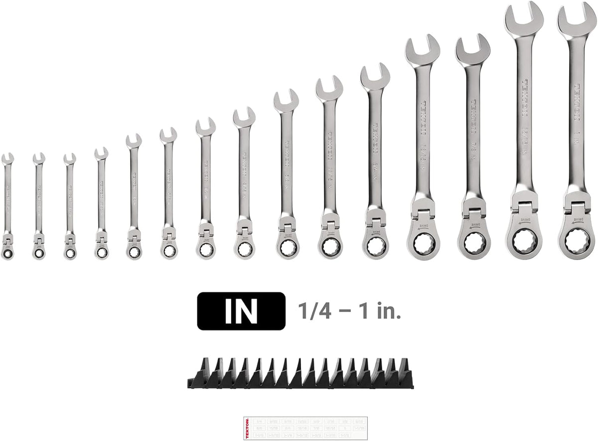 TEKTON Flex Head 12-Point Ratcheting Combination Wrench Set with Modular Organizers, 15-Piece (1/4-1 in.) | WRC95301