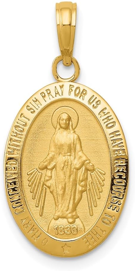 DEWBERRY 14k Yellow or White Gold Miraculous Medal Pendant | Religious Charms | Unisex Miraculous Pendant | Medal Pray For US Pendants for Men's Womens | Hollow Miraculous Medal With Scallop Frame