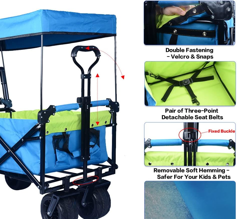 Collapsible Wagon Heavy Duty Folding Wagon Cart with Removable Canopy, 4' Wide Large All Terrain Wheels, Brake, Adjustable Handles,Cooler Bag Utility Carts for Outdoor Garden Wagons Carts Beach Cart
