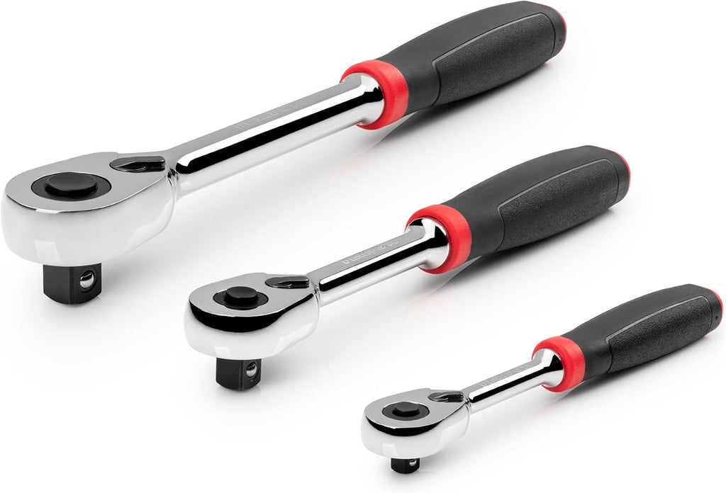 TEKTON 1/4, 3/8, 1/2 Inch Drive Quick-Release Comfort Grip Ratchet Set, 3-Piece (6, 8, 10-1/2 in.) | SRH91101