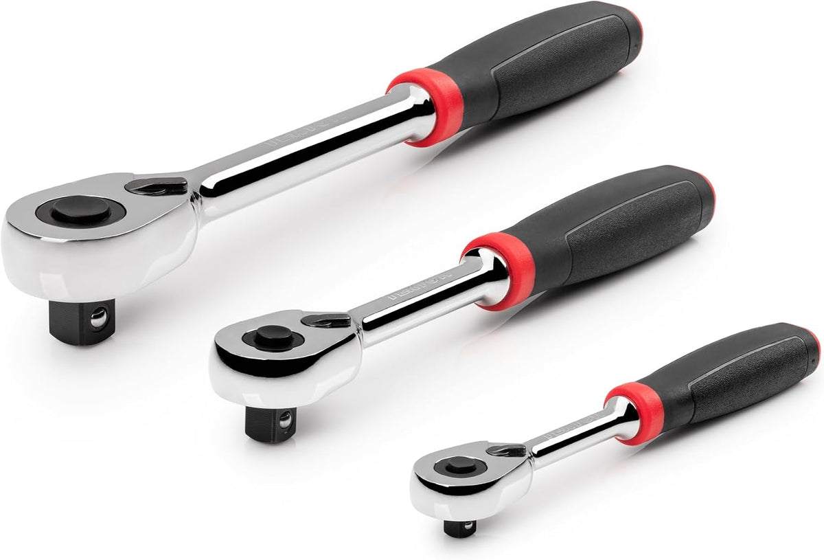 TEKTON 1/4, 3/8, 1/2 Inch Drive Quick-Release Comfort Grip Ratchet Set, 3-Piece (6, 8, 10-1/2 in.) | SRH91101