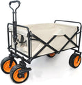 Beige Garden Carts,Collapsible Wagon,Sports Outdoor Utility Wagon Folding Garden Wagon Sports Steel Frame Foldable Yard Car with Side Pockets Off-Road with Brakes Camping Cart