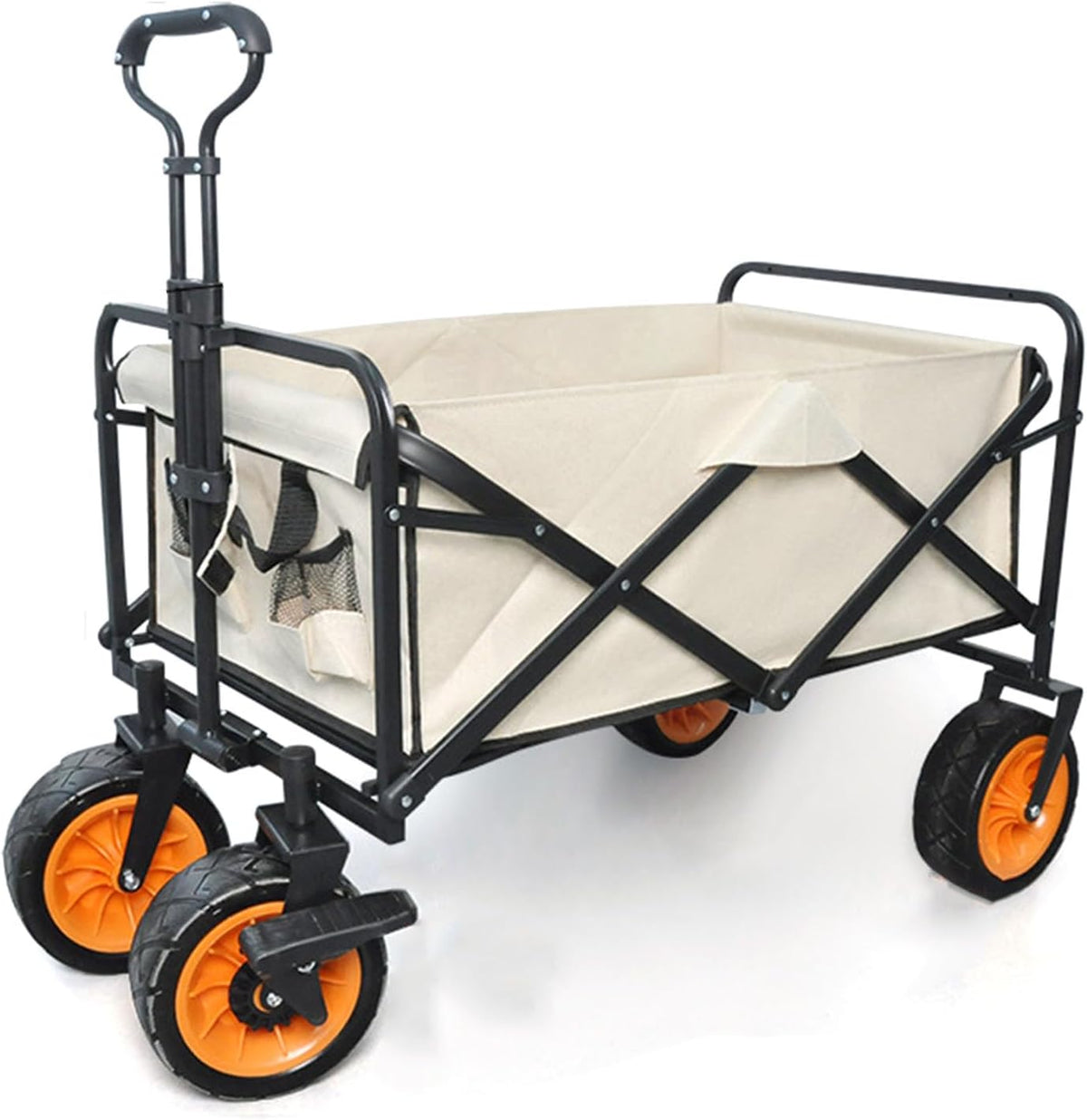 Beige Garden Carts,Collapsible Wagon,Sports Outdoor Utility Wagon Folding Garden Wagon Sports Steel Frame Foldable Yard Car with Side Pockets Off-Road with Brakes Camping Cart