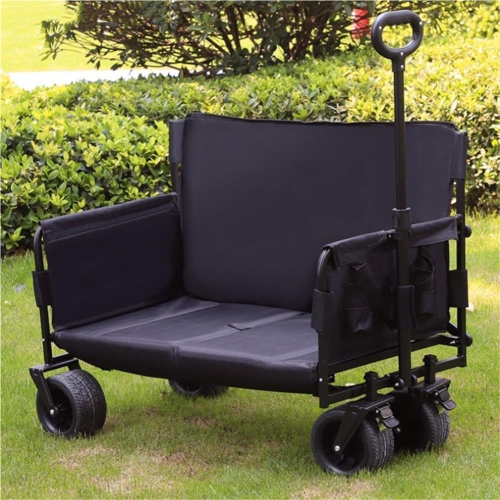 2 in 1 Rolling Wagon with Seats, Foldable Wagon with Wheels, Utility Grocery Cart for Camping, Beach, Sports, Garden(Beige)