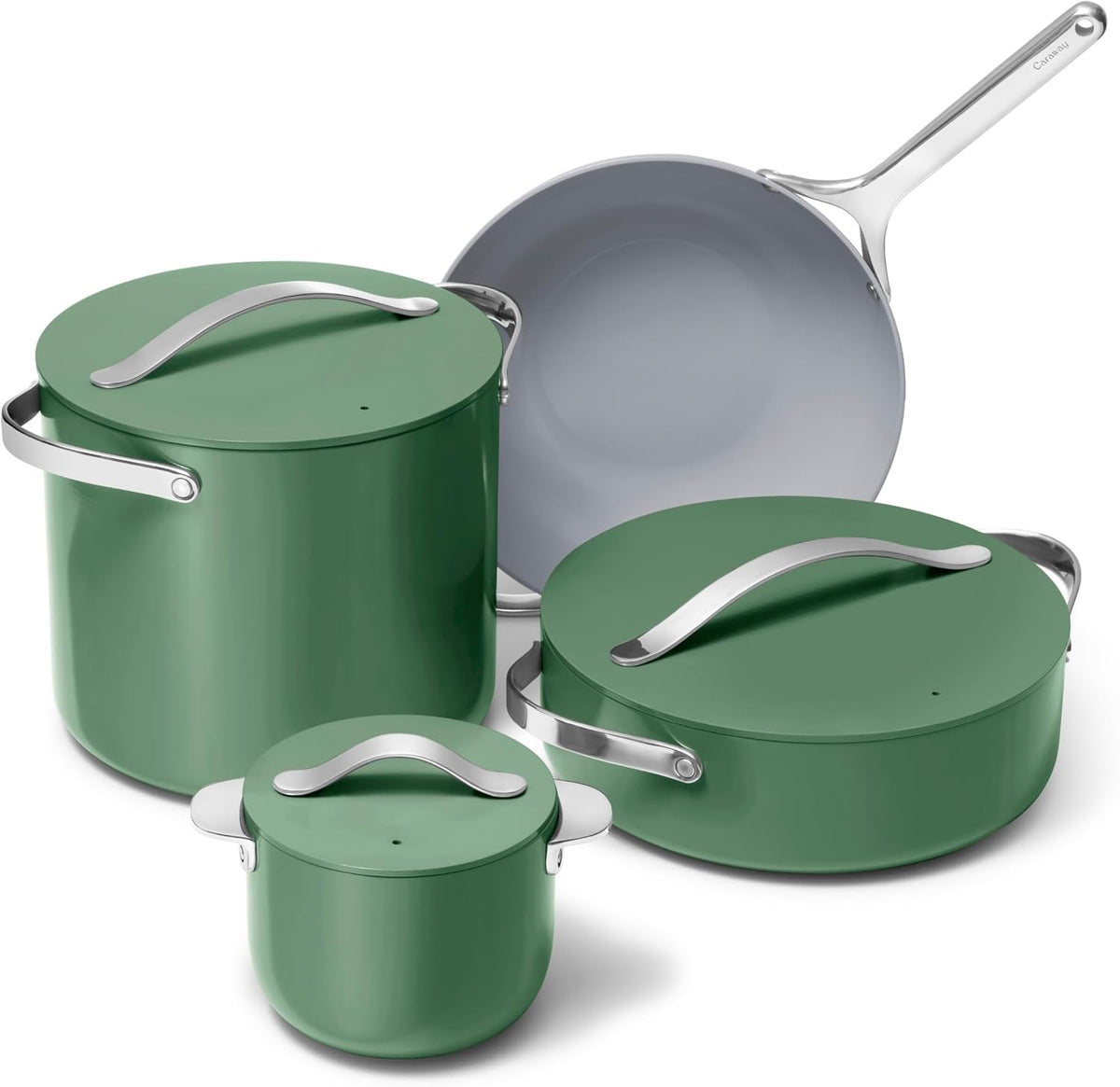 Caraway Cookware+ Collection - Specialty Cookware Set - Petite Cooker, Stir Fry Pan, Rondeau, & Stock Pot - 3 Lids & Storage Organizer Included - Sage