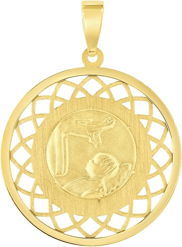 Jewelry America 14k Yellow Gold Religious Baptism Christening On Round Open Ornate Medal Pendant (1')